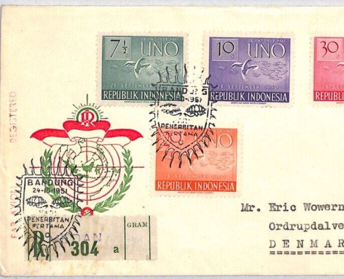 INDONESIA 1951 Cachet FDC United Nations DOVES Registered Air Mail BIRDS YE174