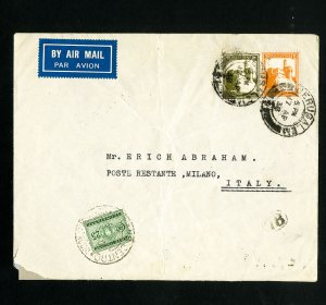 Palestine To Italy Flown Stamp Cover Nice Jerusalem postmarks to Milan