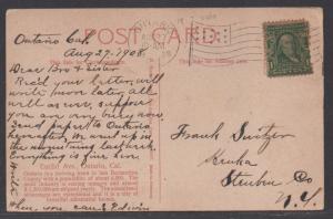 **US RPO Post Card, SC #300, Street Car, Ontario, CA, 8/27/1908 to New York