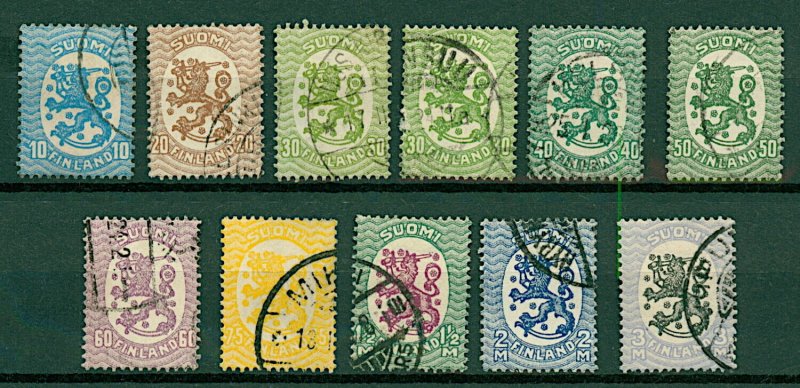 Finland 1921 Lion defnitives 10p to 3m 2nd issue (11v) VFU Stamps