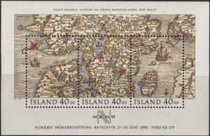 Iceland 715 (mnh minisheet of 3) Stamp Day: Olaus Magnus map of 1539 (1990)