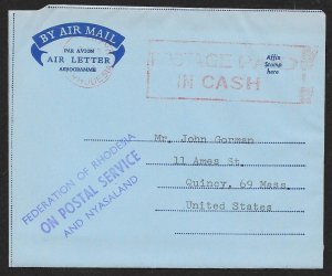 RHODESIA & NYASALAND Aerogramme Postage Paid c1950-1960s cancel to USA!