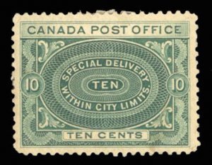 Canada #E1 Cat$150, 1898 10c blue green, hinge remnant, thin