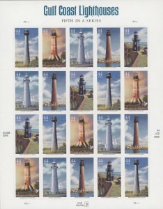 2009 US Scott #4409-4413 (4413a), 44c Gulf Coast Lighthouses, Sheet of 20 MNH