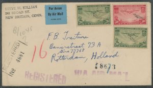 US C21/C22 Two 20c Pacific Clippers + a single 50c Pacific Clipper overpaid by 10c, two times the 30c per half ounce airmail