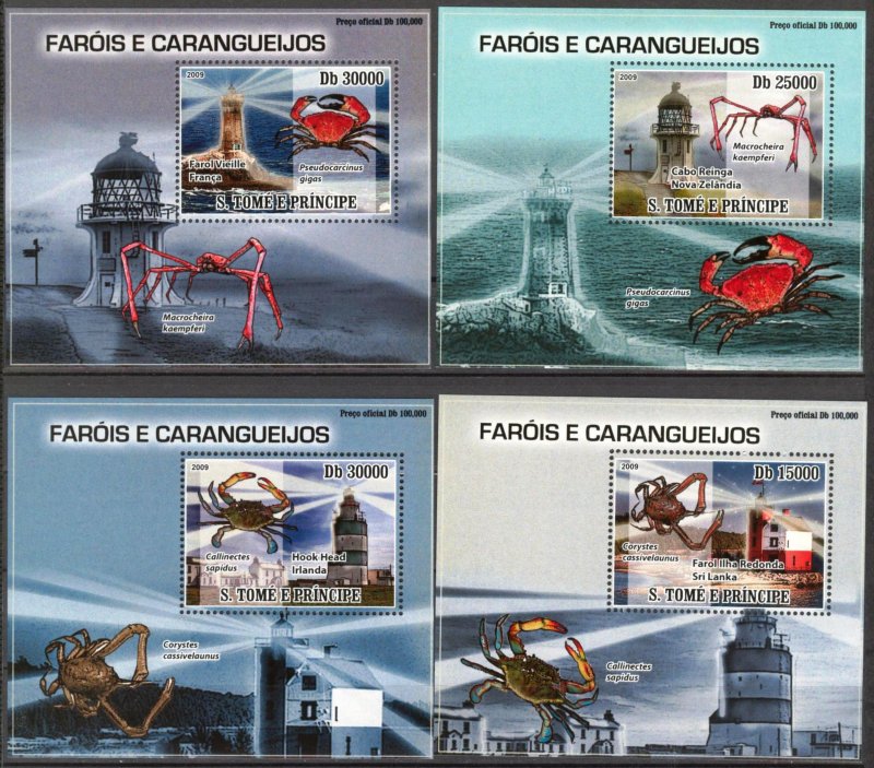 {048} Sao Tome & Principe 2009 Lighthouses Crustaceans Crab 4 S/S Deluxe MNH**