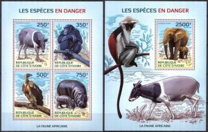 Ivory Coast 2014 Endangered Fauna Monkeys Birds Elephants Sheet + S/S MNH