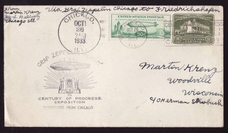 1933 GRAF ZEPPELIN Friedrichshafen - Chicago to Wisconsin - Century of Progress