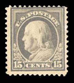 United States, 1910-30 #418 Cat$80, 1912 15c gray, hinged, minor facial abrasion