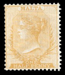 Malta #3 Cat$90, 1863 1/2p yellow buff, lightly hinged, creased