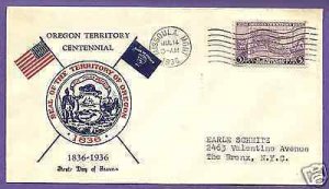 783  OREGON TERRITORY 3c 1936, MISSOULA, CLIFFORD FIRST DAY COVER...