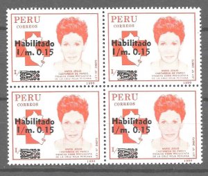 PERU 1991 RED CROSS UNISSUED STAMP SURCHARGED HABILITADO BLOCK OF 4 MINT NH