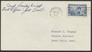 1941 Pilot Signed Flight Cover Lethbridge ALTA to Great Falls Montana #4111