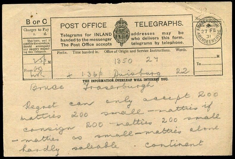 Scotland 1931 Post Office Telegraphs Form Fraserburgh Used