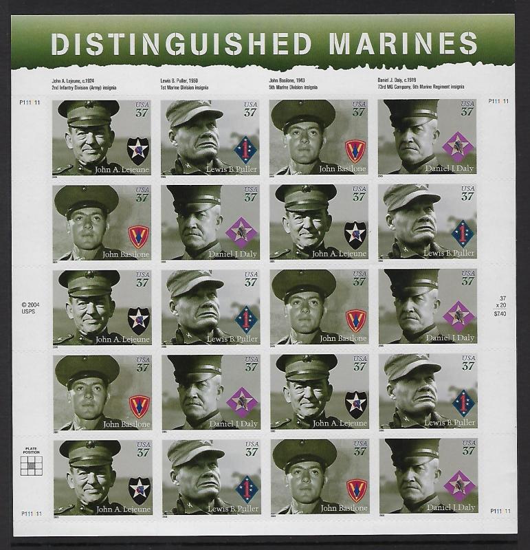 Catalog # 3961 64  Sheet of 20 Stamps Distinguished Marines Chesty Puller etc.