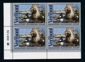 US 1991 VERMONT STATE DUCK VT6 MINT VF NH PLATE BLOCK