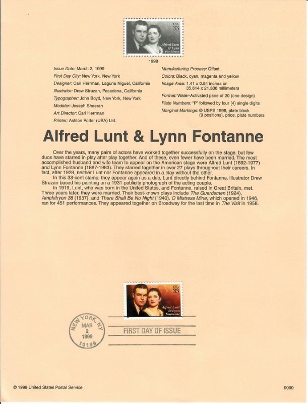 US SP1302 Lunt and Fontanne Souvenir Page #3287