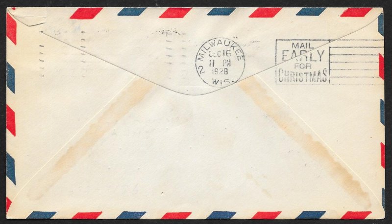 UNITED STATES C11 plate number First Flight Cover c1928 Green Bay to Milwaukee