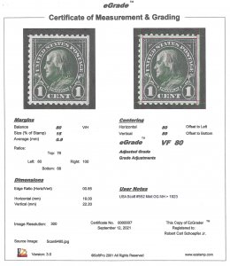 552 1 cent Franklin, Green Stamp mint OG NH EGRADED VF 80