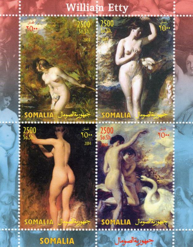 Somalia 2004 WILLIAM ETTY Nudes Paintings Sheetlet (4) Perforated MNH