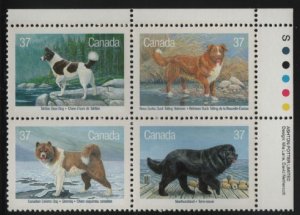 Canada 1988 MNH Sc 1220a with 1219i 37c Dogs Variety UR Plate Block