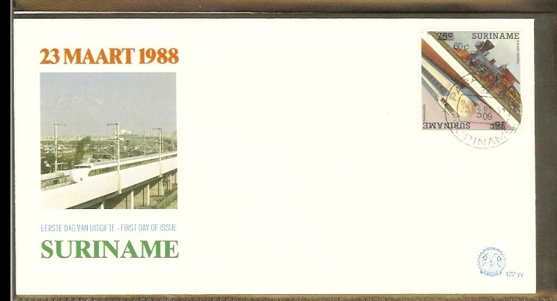 1988 - Rep. Surinam FDC E122YY - Transport - Trains - Overprint antique en mo...