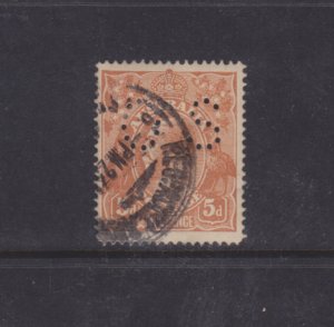 Australia Stamps: Official Perfins: #OB36a; OS (8½mm); 5p 1914 KGV Issue