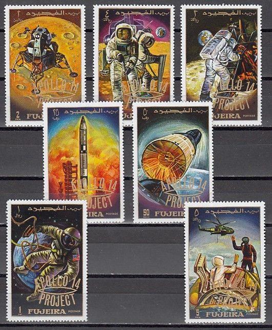 Fujeira, Mi cat. 463-469 A. Apollo 14 o/printed on Safe Landing issue. ^
