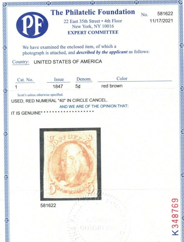 USA #1 Very Fine Used With Rare Red 40 In Circle **With Certificate**