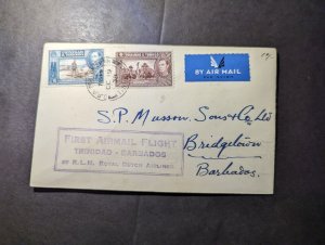 1938 British Trinidad and Tobago Airmail Cover to Bridgetown Barbados