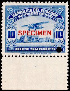 ✔️ ECUADOR 1930 / 1944 - AIR MAIL AIRPLANE - SPECIMEN & PUNCH  SC. C31 MNH [050]