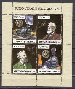 Guinea Bissau, Mi cat. 2930-2933 A. J. Verne Gold Foil sheet. Train & Rotary.