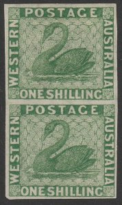 WESTERN AUSTRALIA 1864 Swan 1/- imperf pair Proof wmk crown CC. 1 sheet recorded