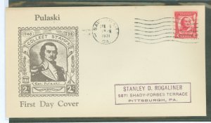 US 690 1931 2c General Casimir Pulaski (single) on an addressed FDC with a Savannal, GA cancel and a Roesseler cachet