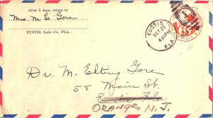 United States Florida Eustis 1939 numeral duplex  6c Monoplane Air Envelope.