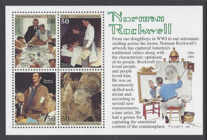 Catalog #2840 Souvenir Sheet of 4 Stamps 50ct Norman Rockwell Artist Painter