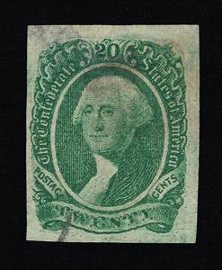 GENUINE CONFEDERATE CSA SCOTT #13 USED GREEN 20¢ ARCHER & DALY 1863 ENGRAVED