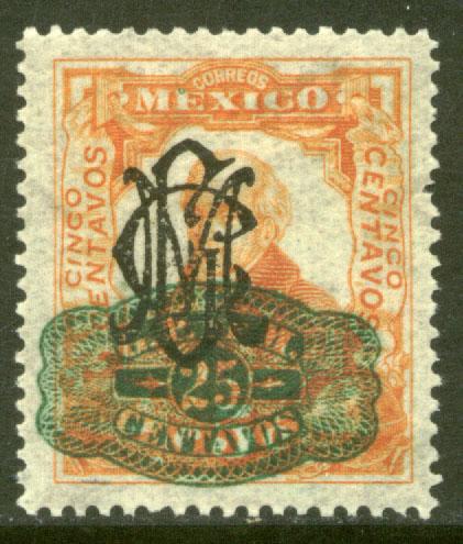 MEXICO 586, 25¢ ON 5¢ VILLA + BARRIL SURCHARGE UNUSED, H OG. F-VF.