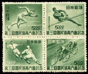 Japan #421a Cat$60, 1948 3rd National Athletic Meet, se-tenant block of four,...