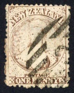 New Zealand 1871-3 SG.132a 1d brown worn plate wmk Large Star P12.5 used