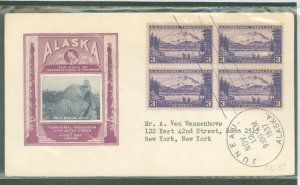 US 800 1937 3c alaska, possession series, block of 4 on an addressed, typed fdc with an ioor cachet and a juneau, ak cancel