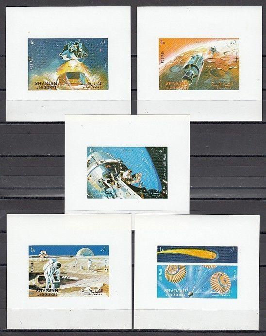 Sharjah, Mi cat. 982-986 C. Apollo 16 on 5 Deluxe s/sheets.