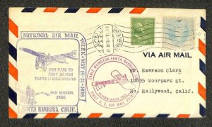 USA #796 & 804 STAMP SANTA BARBARA CALIFORNIA OVINGTON FIRST FLIGHT COVER 1938