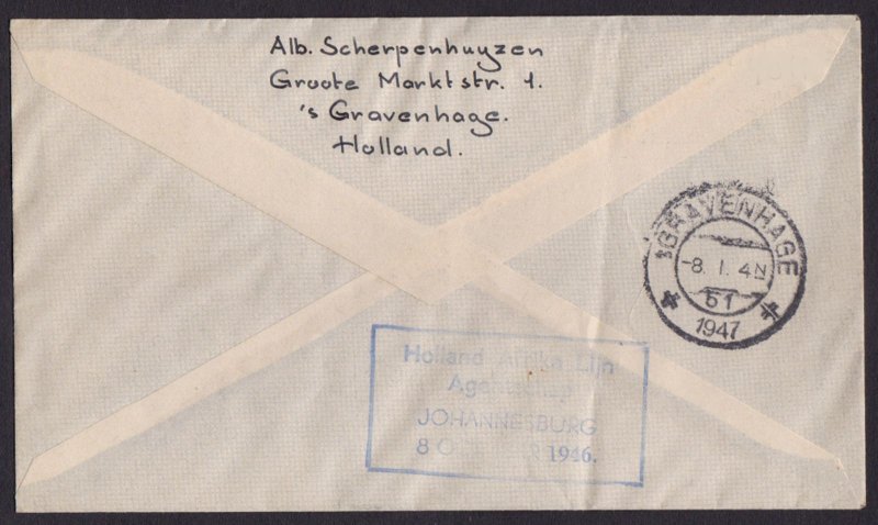 NETHERLANDS 1946 K.L.M. FLIGHT AMSTERDAM to JOHANNESBURG FIRST FLIGHT COVER FFC