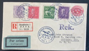 1929 Stockholm Sweden First Night flight Airmail cover To Chicago iL Usa