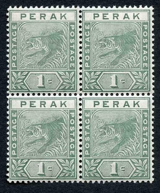 Perak 1892 SG61 1c Green wmk Crown CA 2 x U/M Cat 12+++ pounds