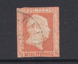 Prussia Sc 2 used. 1850 6pf (½sg) red orange imperf, tight to no margins, Fine 