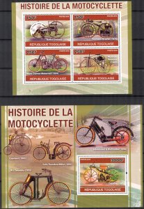 Togo 2010 History of Motorcycles Sheet + S/S MNH