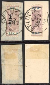 St Lucia  SG54e 1/2d on 6d Variety Thick 1 with Sloping Serif Cat 130 pounds