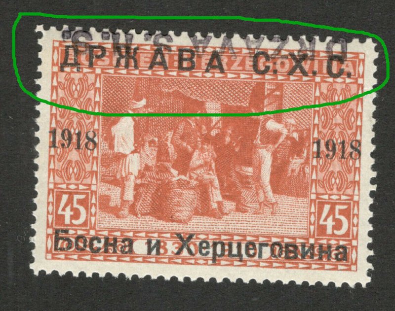 BOSNIA - SHS -MNH STAMP, 45 h - ERROR -TETE BECHE OVERPEINT DRŽAVA S.H.S.-1918